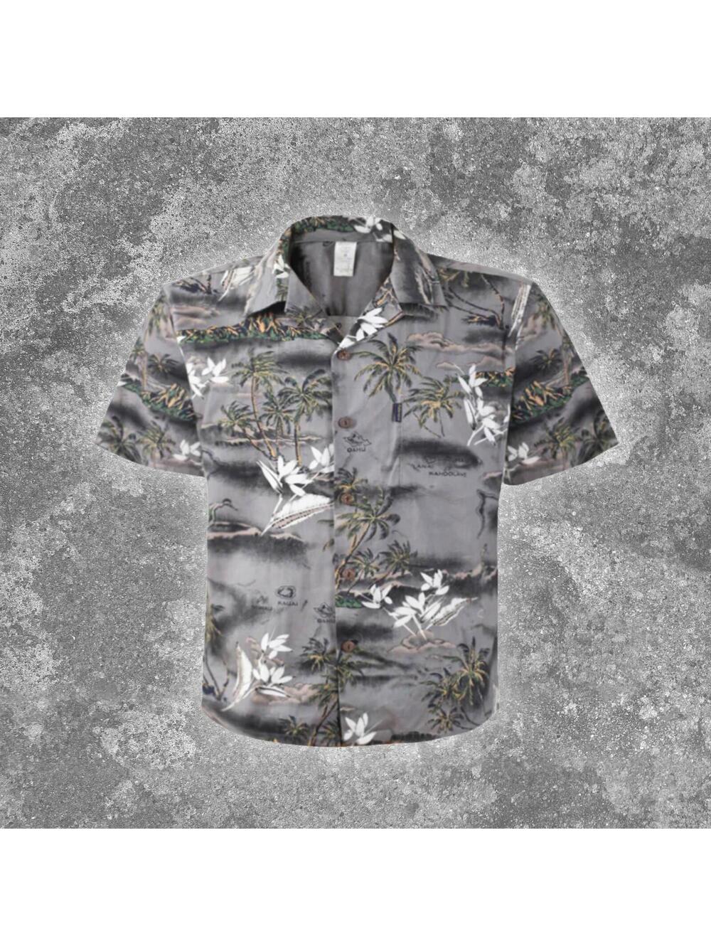 Hawaiian Aloha Shirt Mens Small Gray Tropical Palm Print Camp Collar Vacation